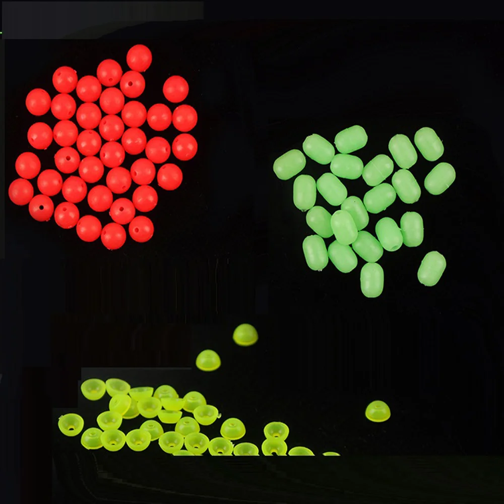 Cuentas de flotadores de pesca, Bolas brillantes de luz roja luminosa cilíndrica/semicírculo, señuelo de pesca, bolas espaciales, 50-100 unids/lote
