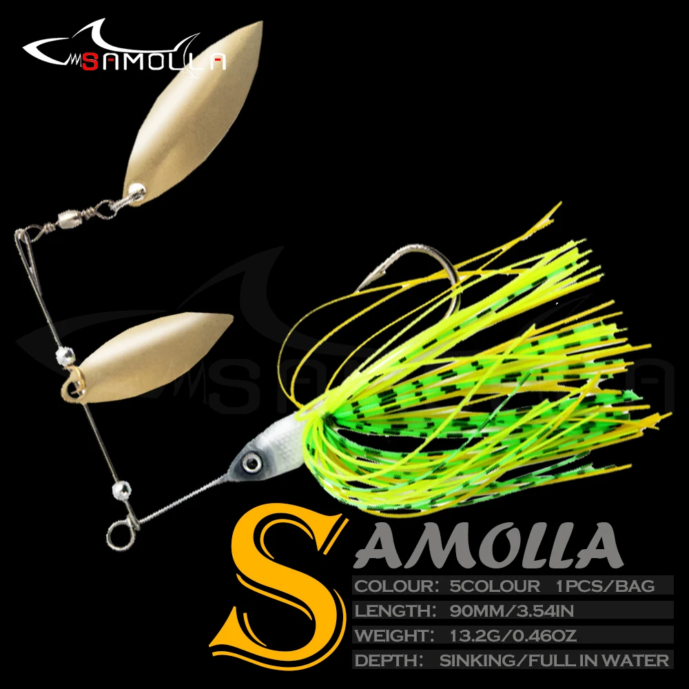 Spinnerbait SAMOLLA mostrando su diseño de cuchara hundimiento y 13.3g para pesca de lucio