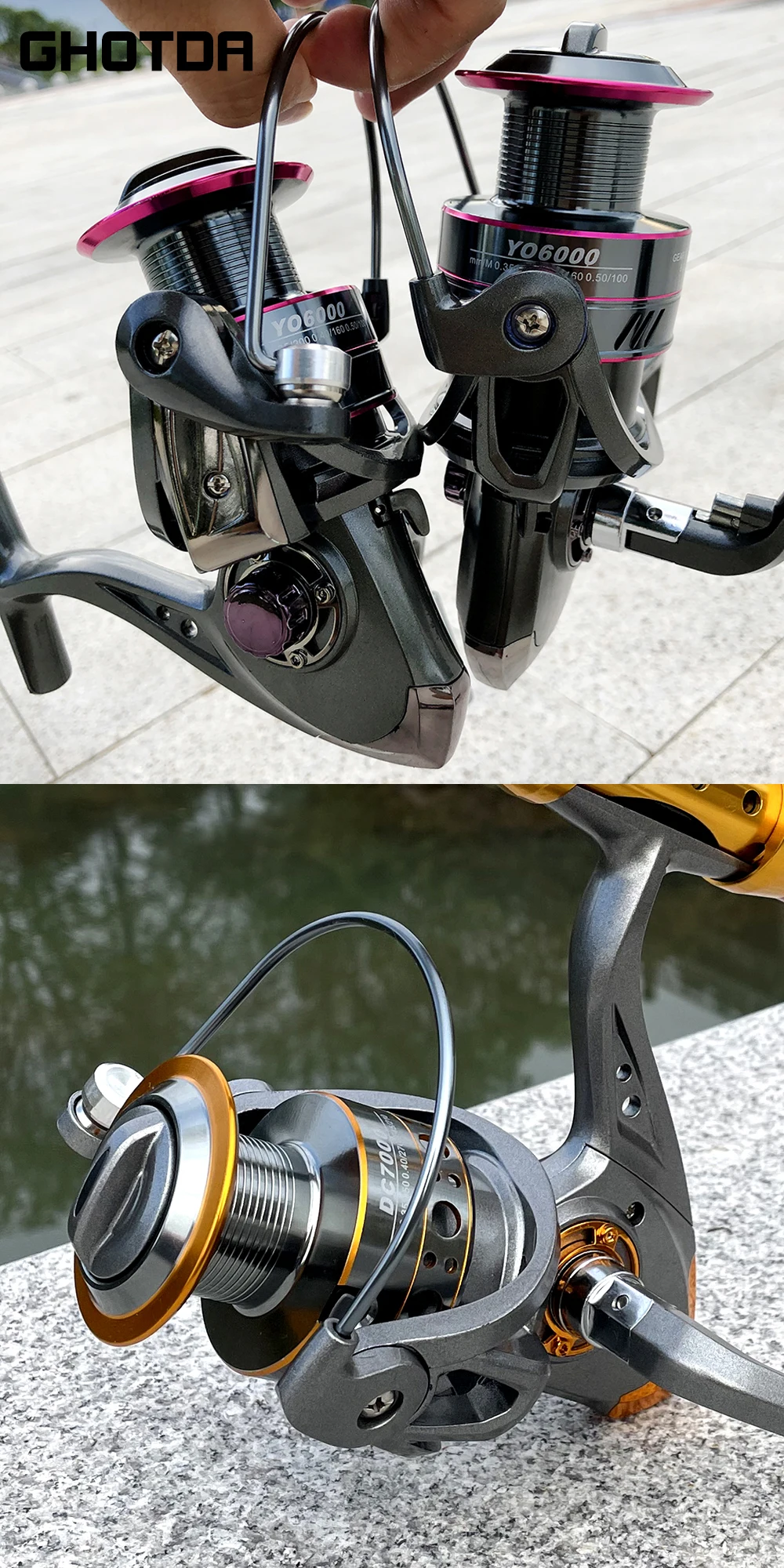 Dos vistas diferentes de un carrete de pesca. La imagen superior muestra el carrete sostenido por una persona, con el carrete y el mango visibles. La imagen inferior proporciona una vista de primer plano del carrete y muestra el carrete con el hilo de pescar, el mango y el cuerpo del carrete.