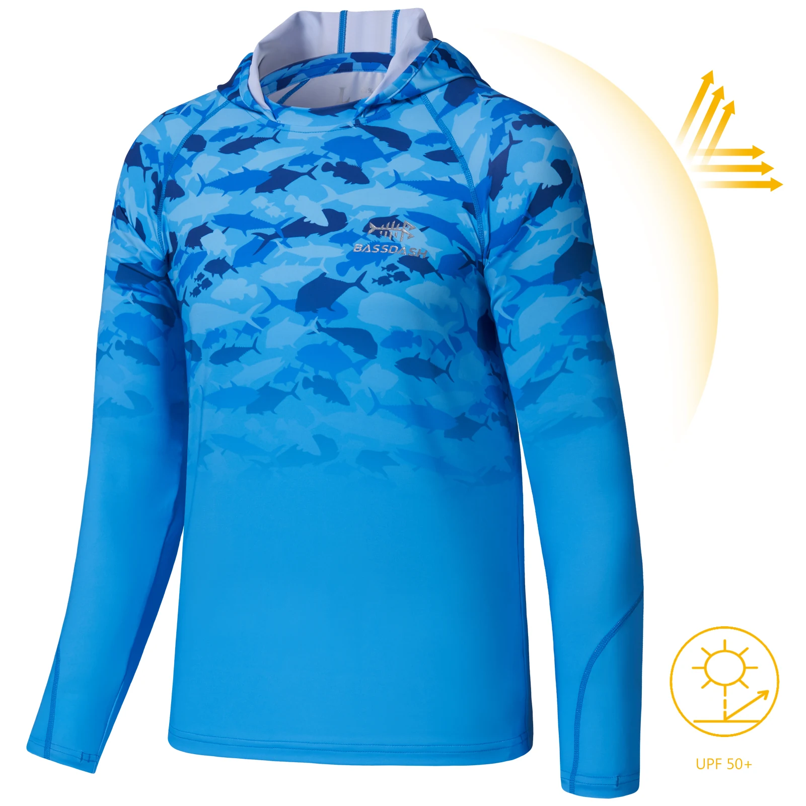 Bassdash Youth UPF50 + Performance camiseta con capucha, manga larga, pesca, senderismo, sol, FS03Y