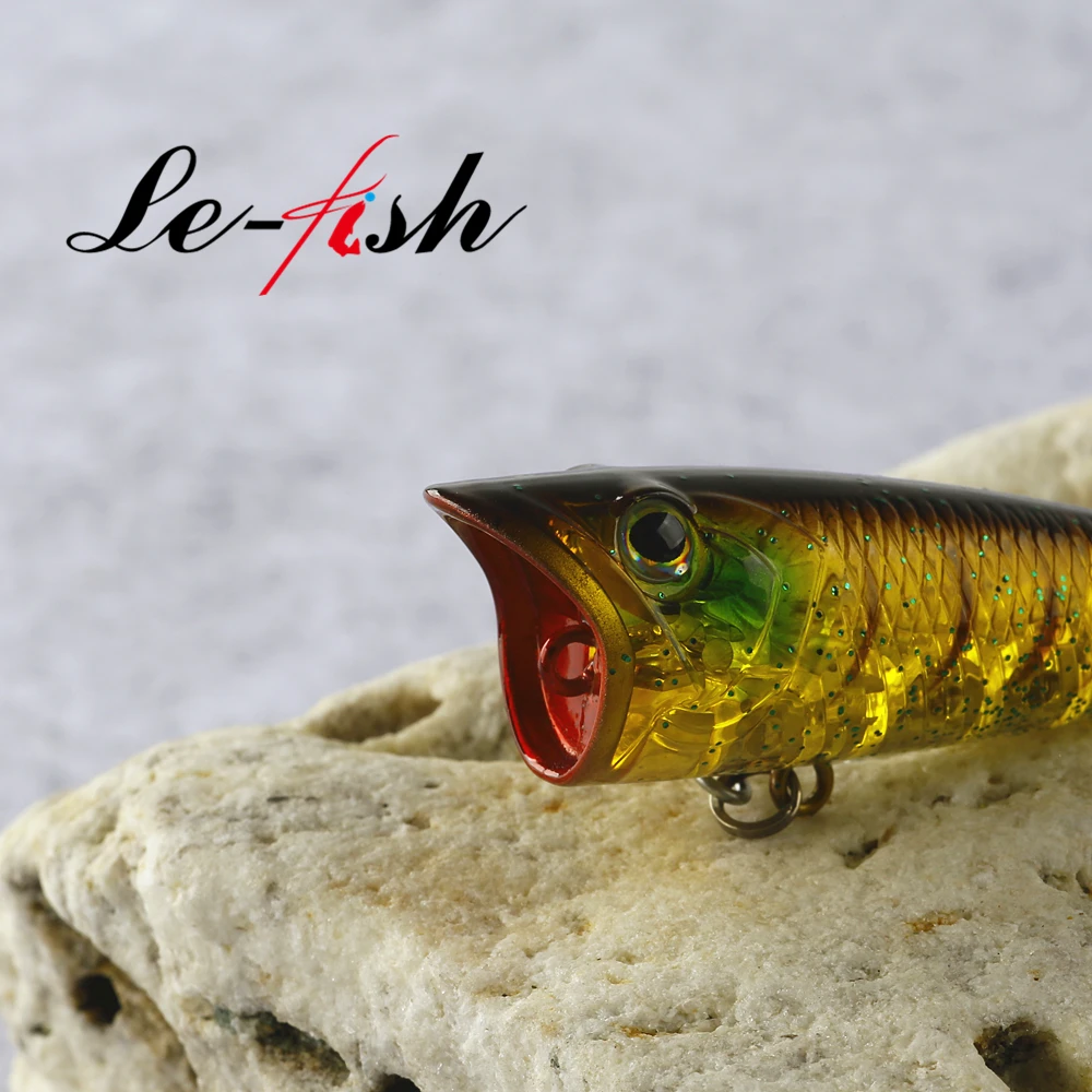 Le fish-Señuelos de Pesca de plástico duro, cebo Artificial de 60mm, 8,4 gTopwater Popper con pluma, anzuelo triple - imagen 3