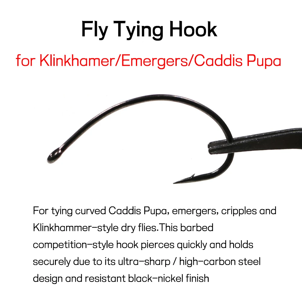 Bimoo 100PCS High Carbon Steel Curved Fly Tying Fishhook for Caddis Pupas Emergers Cripples & Klinkhammer-Style Dry Flies #6-#18 - imagen 2