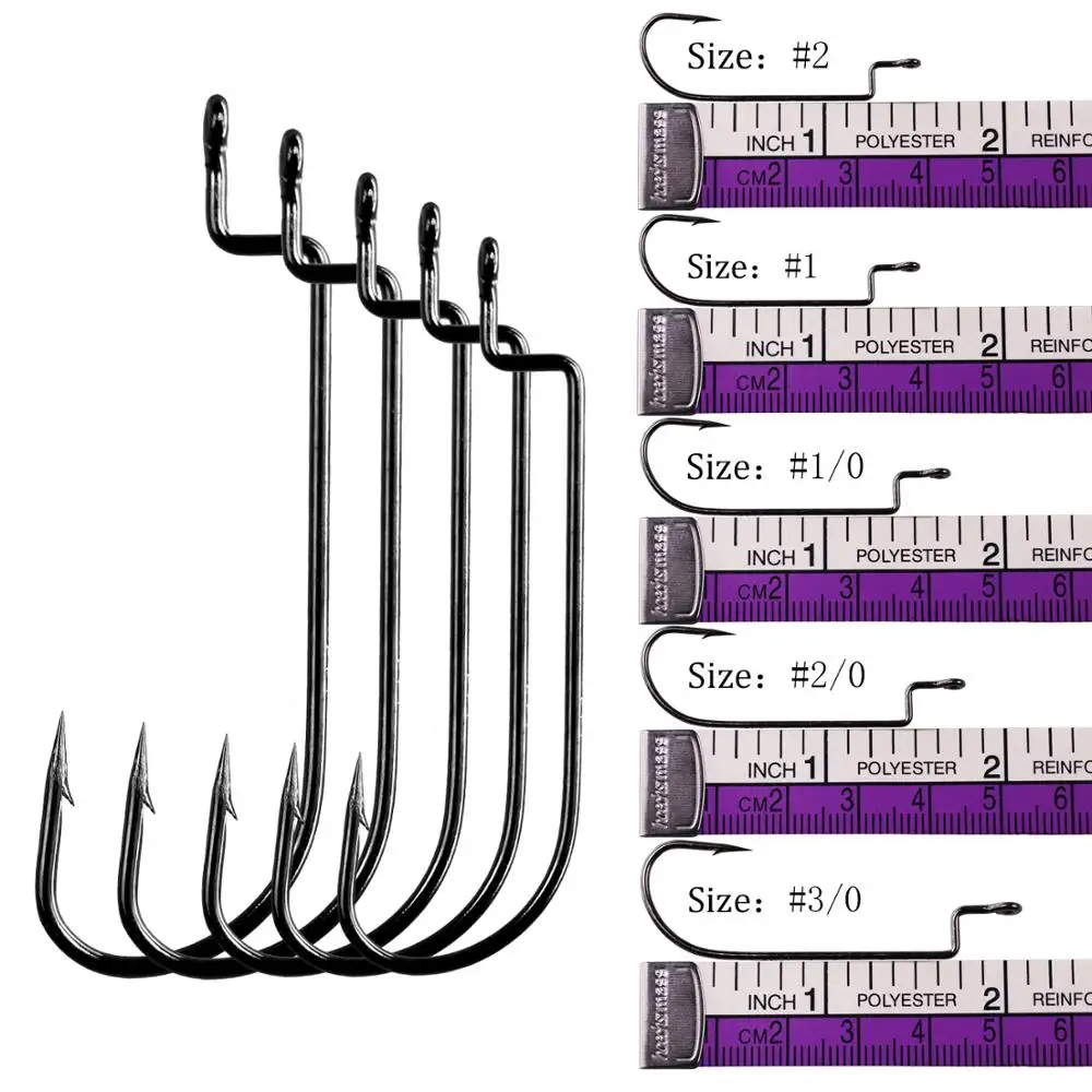 THKFISH 50 anzuelos de pesca # 3/0 # 2/0 # 1/0 # 1 # 2 ganchos de púas de acero al carbono, gancho de manivela larga para aparejos de pesca de gusanos blandos - imagen 5