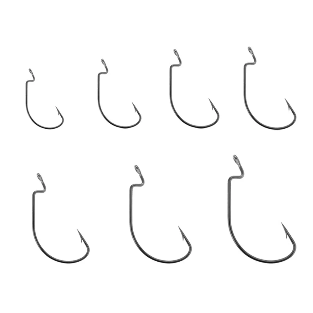 50/100 unids/lote anzuelo de pesca de acero rico en carbono, anzuelo compensado de manivela ancha para señuelo suave, aparejos de pesca de carpa con púas, anzuelo de gusano - imagen 3