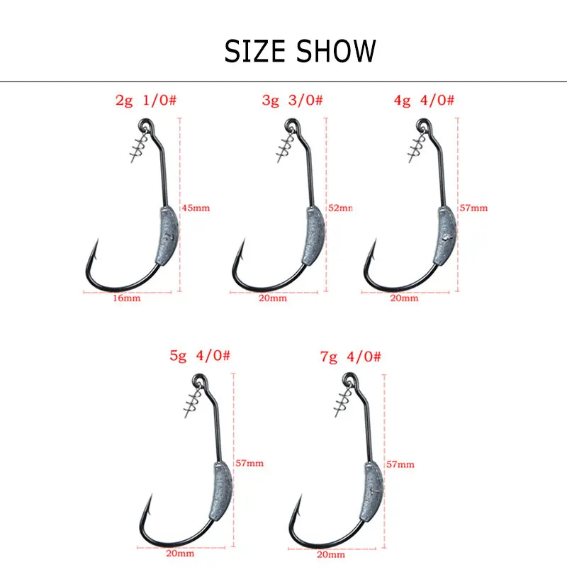 JYJ 5 uds anzuelo con cabeza de anzuelo 2g 2,5g 3g 5g 7g 9g anzuelos de pesca con pasador de bloqueo de resorte para cebo de pesca suave de anzuelos de acero al carbono - imagen 3