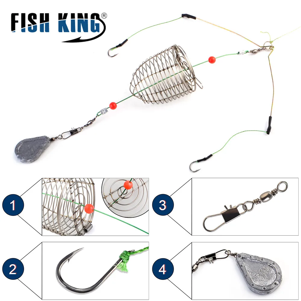 FISH KING-jaula de cebo de Metal de acero inoxidable, alimentador de 30g, grupo de pesca, aparejos de pelo de plomada, pesca de carpa con ganchos de línea para aparejos - imagen 2