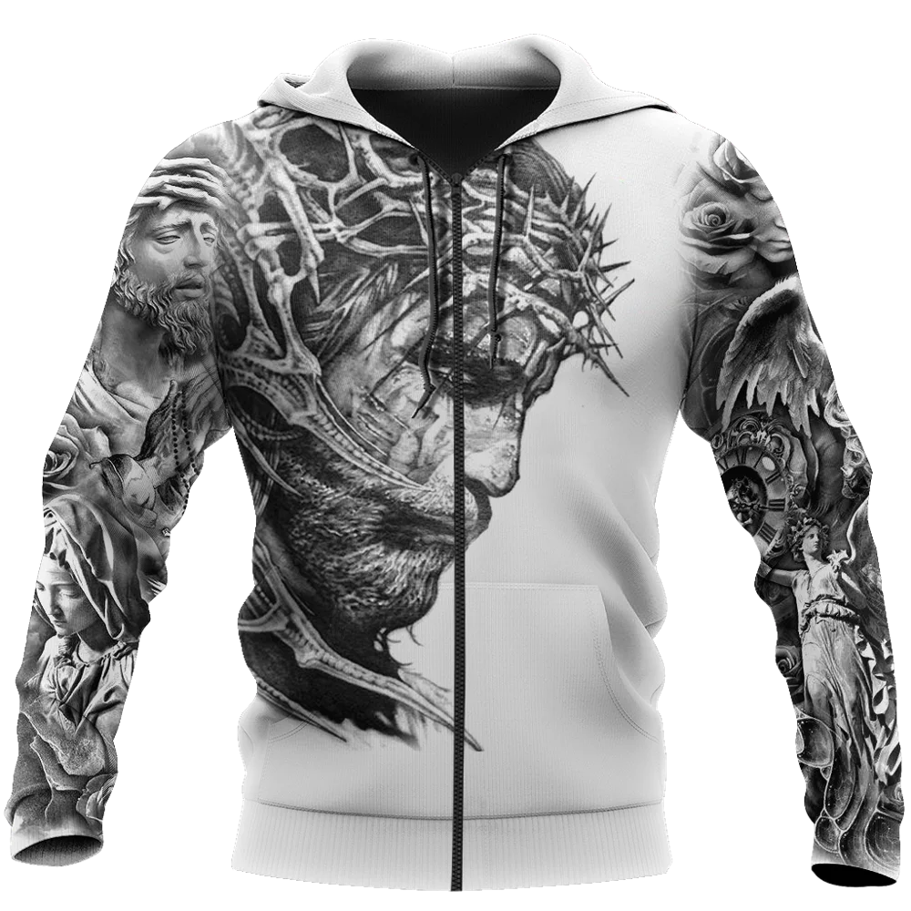 Sudadera con capucha de moda de marca con estampado 3D de tatuaje de Jesús para hombre, Sudadera con capucha con cremallera, ropa de calle Harajuku, chaqueta informal Unisex, chándales KJ0155 - imagen 3
