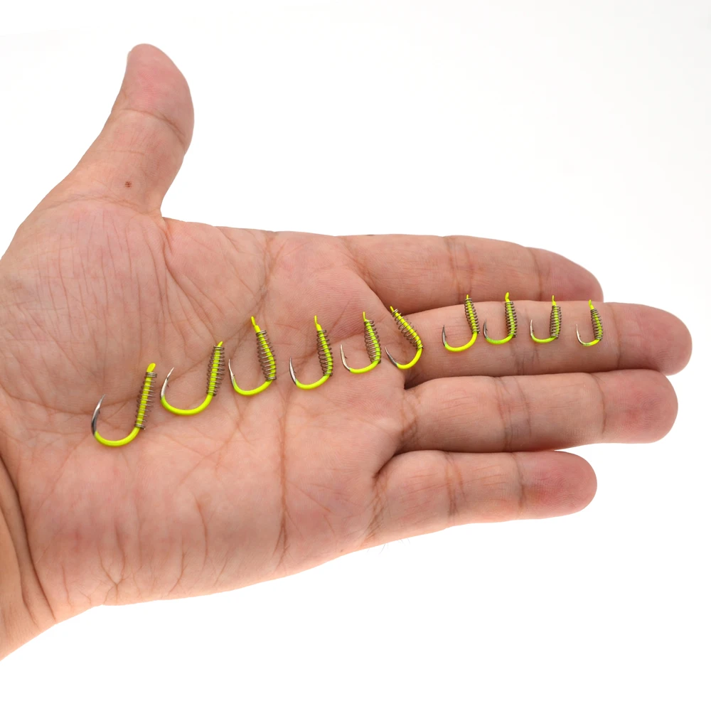 MNFT-anzuelo de pesca de 40 piezas, gancho de resorte de pesca de Color amarillo y acero fluorescente, con púas, círculo giratorio, para carpa, 3-12 # - imagen 5