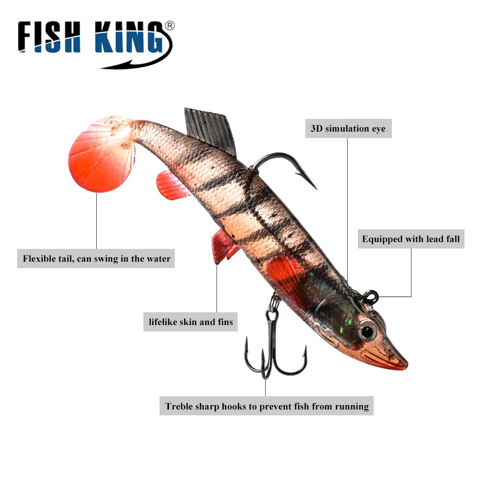FISH KING 8/10/12/14CM 6 colores suaves ojos 3D Señuelos de pesca con cola en T Lucio señuelo suave anzuelo triple cebos cebo Artificial Jig - imagen 2