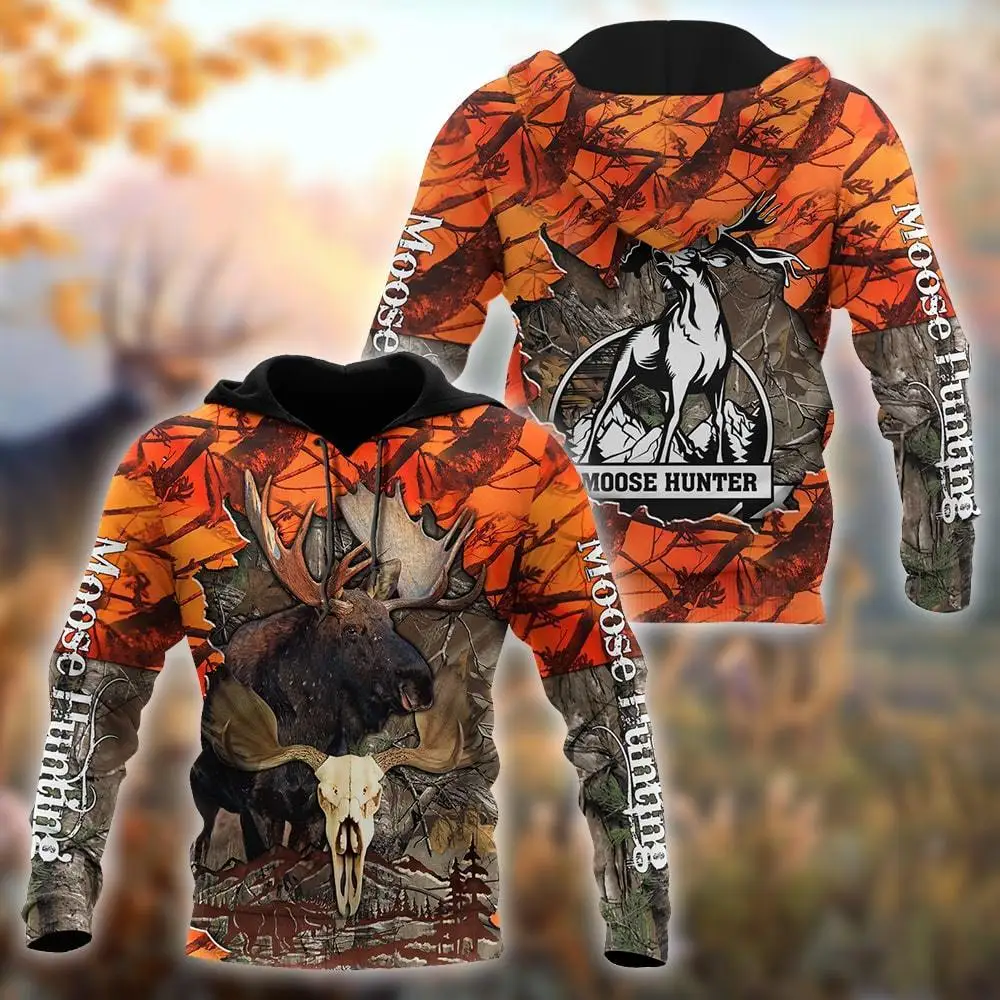 Sudadera con capucha de otoño para hombre con estampado 3D de camuflaje naranja y alce de caza, ropa de calle Unisex, chaqueta informal con cremallera, jersey KJ534 - imagen 2