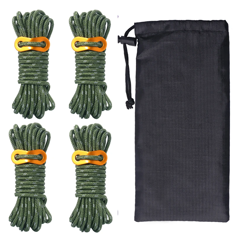 Cuatro cuerdas verdes en espiral con clips de naranja combinados con una bolsa de cordón negro para un almacenamiento conveniente