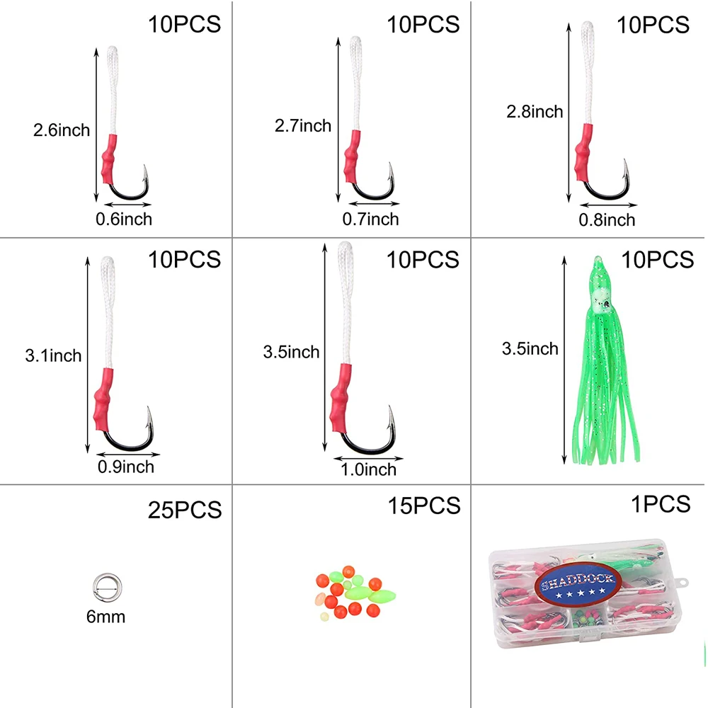 Anzuelo de ayuda de pesca con línea de PE, anzuelos de cebo, faldas de calamar, señuelo de pesca de pulpo, cuentas luminosas de anillo dividido, 100 unids/caja - imagen 2