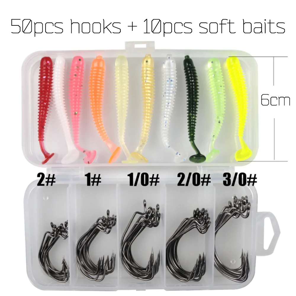 Anzuelo de pesca con púas, accesorios de anzuelos de manivela, juego de cebo suave de mar, alimentador de pesca para carpa, Material de mercancías, caja de 50/100 Uds. - imagen 2