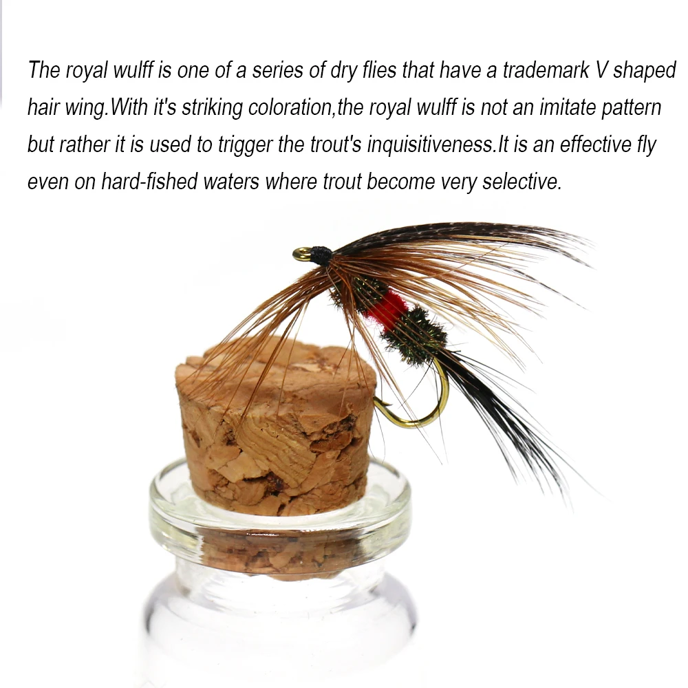 ICERIO-señuelo de pesca de trucha, cebo de mosca de pesca, color marrón, Royal Wulff, #12, 6 uds. - imagen 5