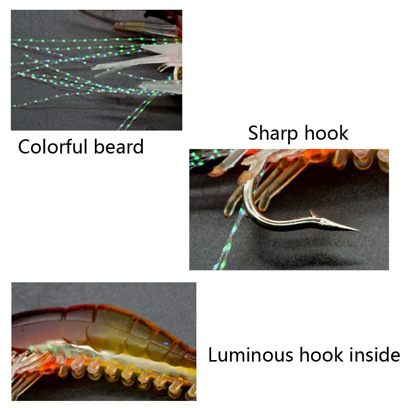 Señuelo de Pesca de gamba de silicona, 8cm, 5g, Señuelos de Pesca luminosos de suaves colores mezclados, cebo de camarón Artificial, aparejo Sabiki YE96, 7 unids/lote - imagen 3