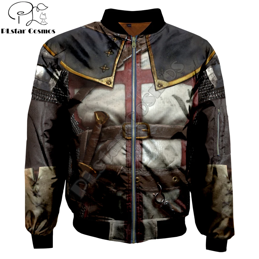 2025 chaqueta Bomber de moda para hombre, caballeros templarios, estampado 3D, prendas de vestir gruesas con bolsillo para invierno, chaqueta informal cálida con cremallera Harajuku Unisex - imagen 3