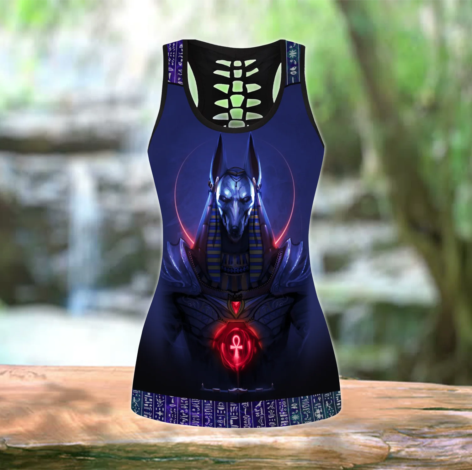 Anubis azul antiguo egipcio 3D impreso hueco camiseta sin mangas y Leggings conjunto Fitness mujer mallas de longitud completa pantalones de Yoga LKB-20 - imagen 2