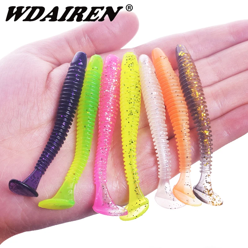 Señuelos de Pesca de gusano blando, cebo Artificial de silicona de doble Color, aparejos Swimbait, 5cm, 7cm, 10 unids/lote