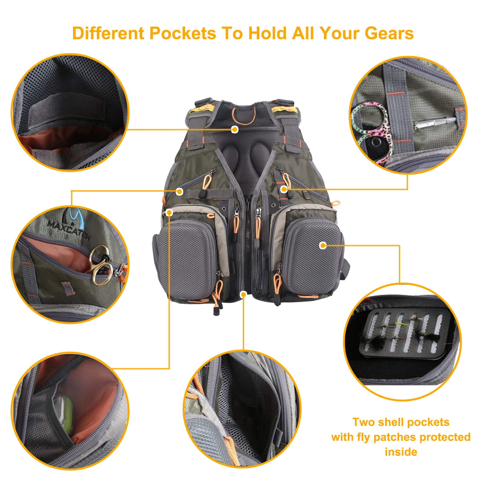 Chaleco de pesca con mosca Maximumcatch con bolsillos multifunción, mochila de pesca de tamaño ajustable, bolsa de pesca - imagen 4