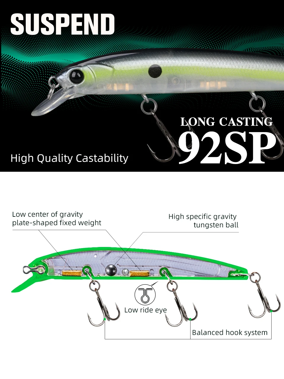 TSURINOYA-señuelo de pesca de pececillo suspendido, DW78, 92mm, 9g, Lucio de fundición larga, 3 anzuelos, cebo duro con manivela, Wobbler Jerkbait