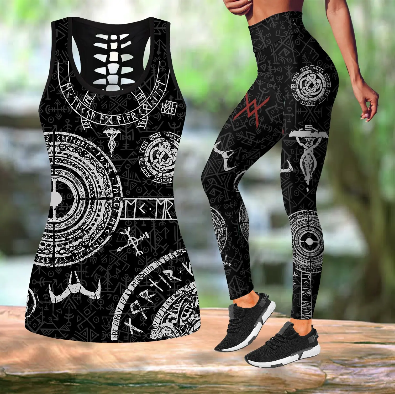 Valknut símbolo tatuaje estampado 3D camiseta sin mangas hueca y Leggings conjunto Fitness mujer mallas de longitud completa cómodos pantalones de Yoga LKB-04 - imagen 5