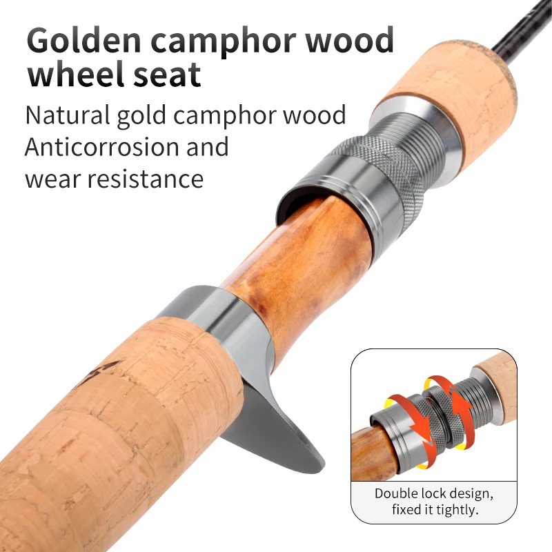 RUKE-caña de pescar suave con señuelo, 2 secciones, caña giratoria de fundición, guía SIC, asiento de rueda de madera de alcanfor dorado, mango de madera suave - imagen 4