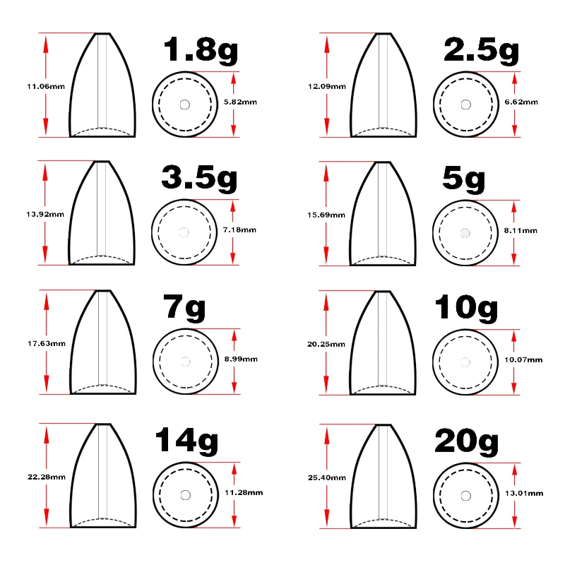 Una serie de diagramas que representan diferentes tipos de flechas, cada una etiquetada con un peso en gramos. Las flechas están representadas con un contorno simplificado y van acompañadas de medidas que indican su longitud y el diámetro del eje. Los pesos van desde 1