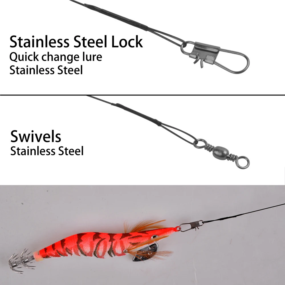 Cebo de calamar de pesca, Kit líder de alambre de acero, señuelo de madera de agua salada, anzuelo de plantilla de Camarón, brillo, pulpo, sepia, 2,5 #3,0 #3,5 #, 15 Uds. - imagen 5