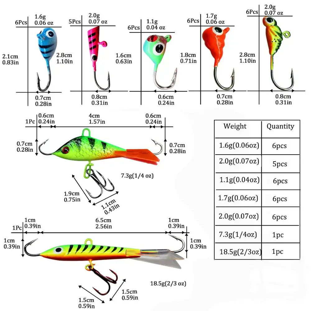 THKFISH-Kit de anzuelos para Señuelos de Pesca en hielo, 31 Uds., 1,1g-18,5g, plantillas brillantes para pesca en hielo, cebos duros, juego de anzuelos triples, señuelo luminoso de invierno - imagen 3