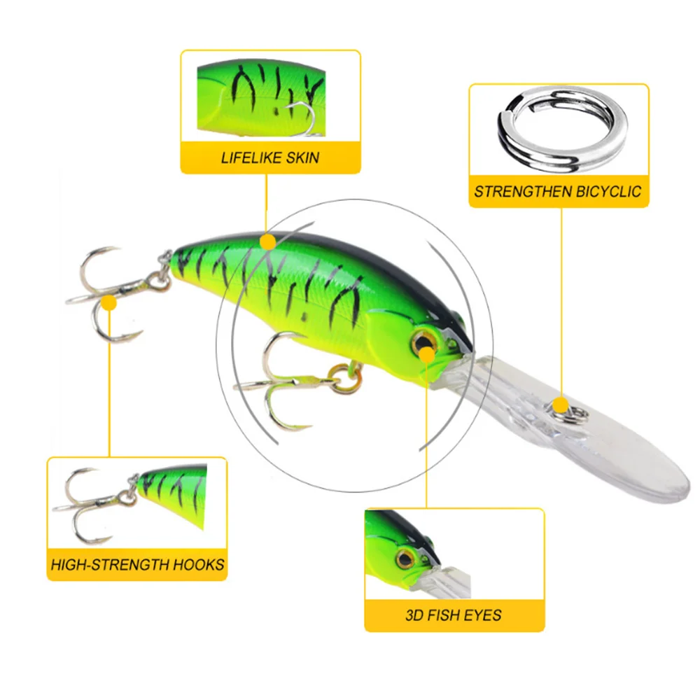 Detalle del cuerpo colorido y acción en el agua del crankbait