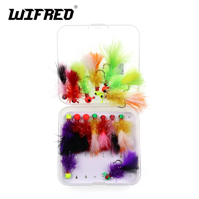 Wifreo 16 unids/caja mezcla Mini Marabou Crappie Jig Pan plantillas de pesca en hielo Señuelos de pesca en hielo para anzuelo de pesca Bluegill 6 4 en caja de señuelos - imagen 5