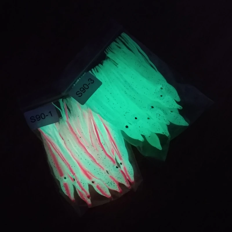 Faldas de calamar de goma de 75/90mm, señuelos luminosos de pesca suave de pulpo, dobladillo ondulado, mezcla de colores, aparejos de pesca de mar, cebo Jigging, 10 Uds. - imagen 5