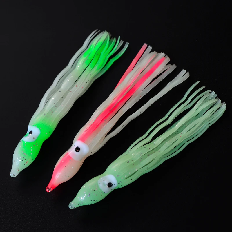 Faldas de calamar de goma de 75/90mm, señuelos luminosos de pesca suave de pulpo, dobladillo ondulado, mezcla de colores, aparejos de pesca de mar, cebo Jigging, 10 Uds. - imagen 3