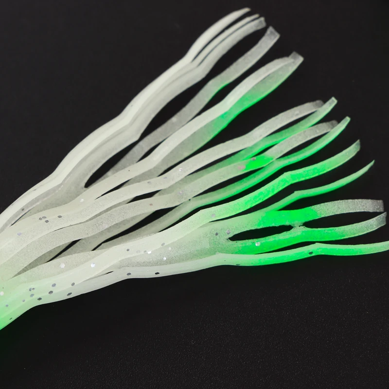 Faldas de calamar de goma de 75/90mm, señuelos luminosos de pesca suave de pulpo, dobladillo ondulado, mezcla de colores, aparejos de pesca de mar, cebo Jigging, 10 Uds. - imagen 5