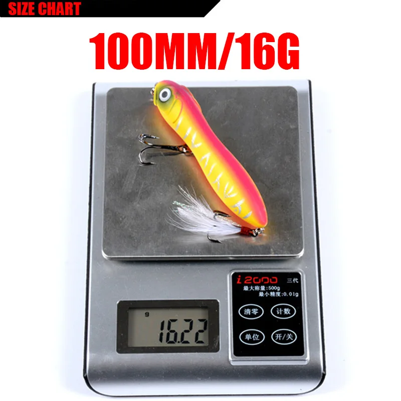 Juego de señuelos de lápiz de 6 piezas, Wobblers Minnow de 100mm y 16g, cebo duro Artificial con gancho de pluma, Crankbait, aparejos de pesca de lubina iscas - imagen 5