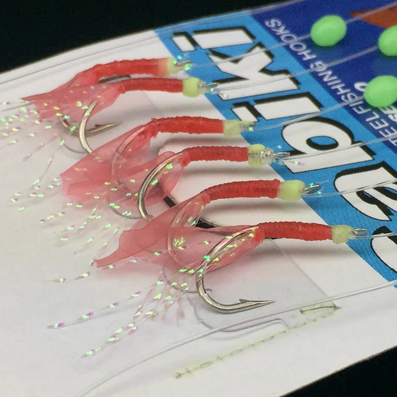 Bimoo-anzuelos de cuerda de piel de pez simulada, aparejo Sabiki para pesca de camarón suave, luminoso, señuelo, accesorio de aparejos de cebo, 6 unids/set - imagen 2