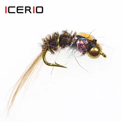 ICERIO-SEÑUELOS DE pesca con mosca, cabeza de cuentas de latón, ninfas, trucha, 8 Uds., #16