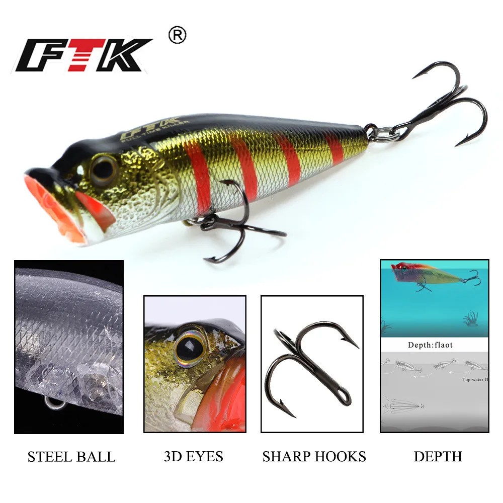 FTK 65mm 6g Popper señuelo de pesca Swimbait Topwater flotante Wobblers ojos 3D cebo Artificial duro aparejos de pesca de lubina - imagen 5