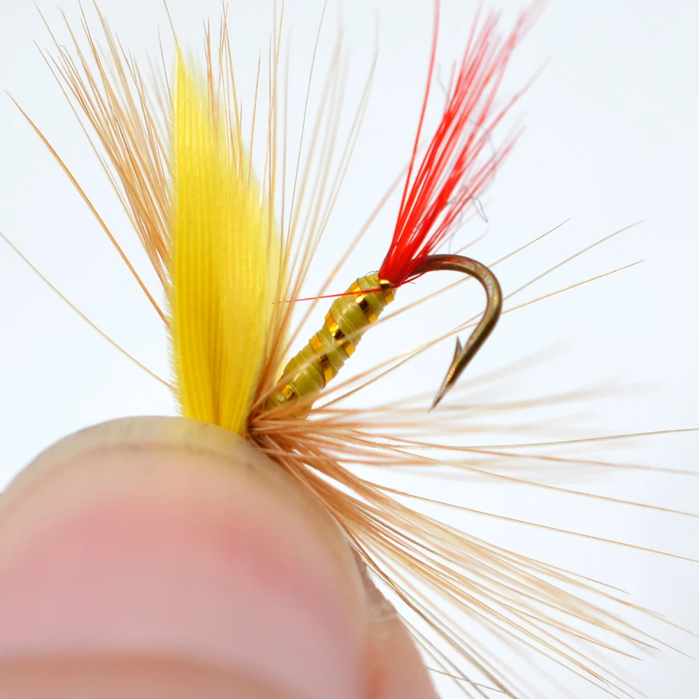 MNFT 10PCS 12 #   Señuelos de pesca con moscas secas, moscas de trucha, alas amarillas, cebra, ala amarilla, cola roja, señuelo de pesca con mosca - imagen 3