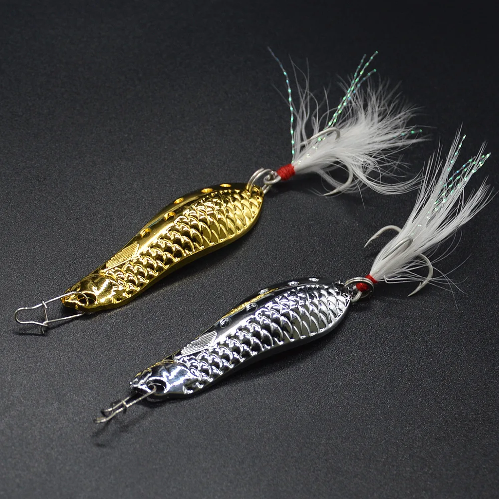 Señuelo tipo cuchara de pesca, cocodrilo Artificial, 5g/7g/10g/15g, cucharas, señuelos de Metal, cebo duro, ranura en sangre, anzuelos de plumas triples, lote de 2 piezas - imagen 2