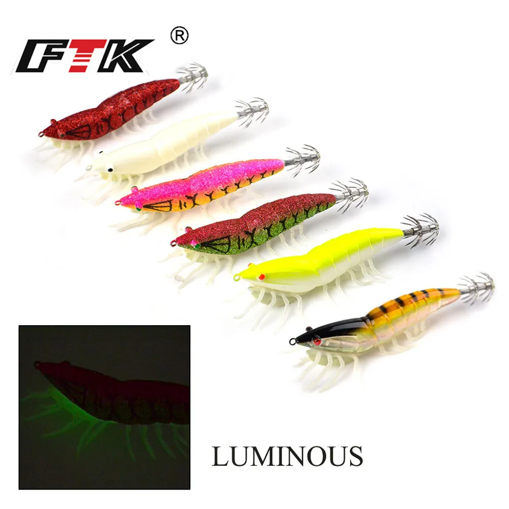 FTK-anzuelo de calamar, Señuelos de Pesca de 6 colores, cebo de plantilla de calamar, noctilucente señuelo de Camarón, ojos 3D para aparejos de pesca, 1 unidad, 3,0g/3,5g - imagen 3