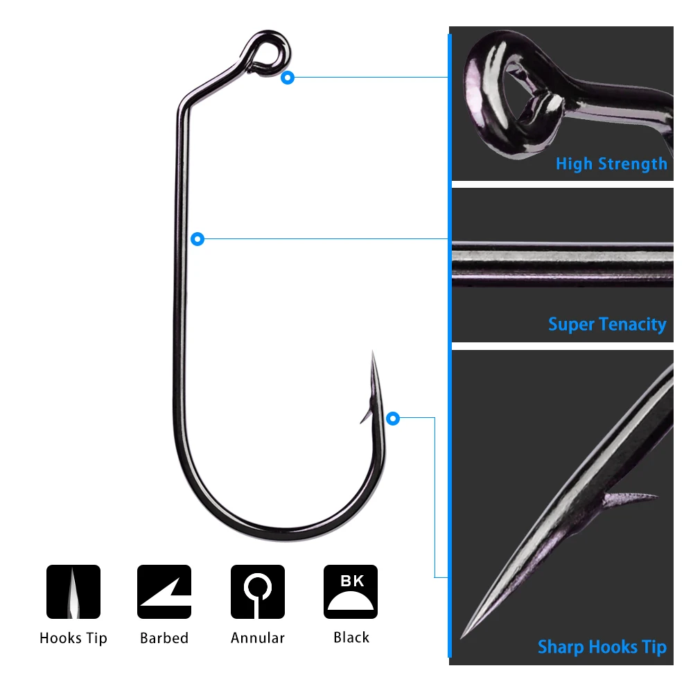 Anzuelos de manivela grandes de acero al carbono, superafilados, 1/0 #5/0 # para cebo de gusano blando Offset, anzuelos de pesca largos para peces, 50 unids/lote, nuevos - imagen 2