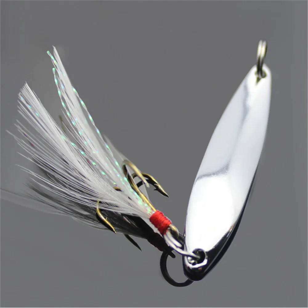 FISHINAPOT-señuelo de pesca de plata de Metal, 1 piezas, 5g/7g/10g/13g/18g/21g, cebo duro, lentejuelas con pluma, gancho triple, Wobbler Spinner - imagen 4