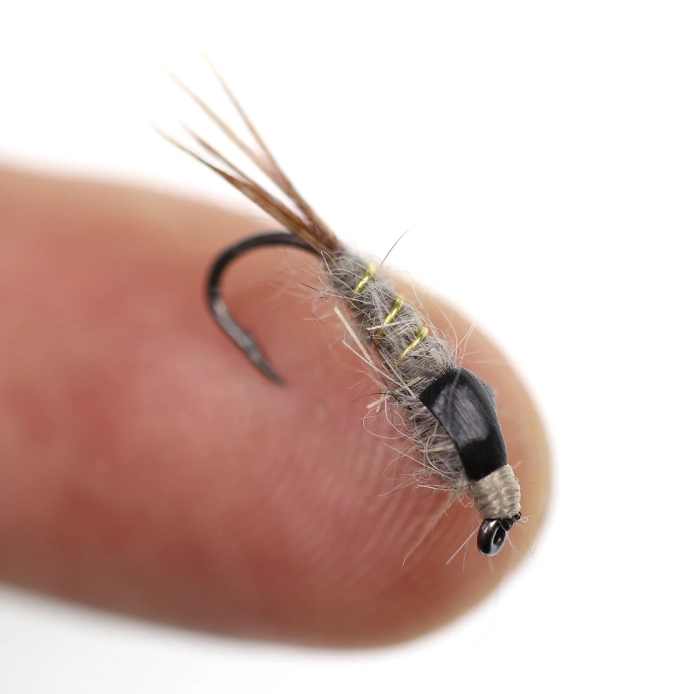 Bimoo, 10 Uds., tamaño 12, gris, negro, cola de faisán, pluma, oreja de liebre, ninfa, mosca, trucha, grilismo, Panfish, pesca, señuelo clásico con mosca - imagen 5