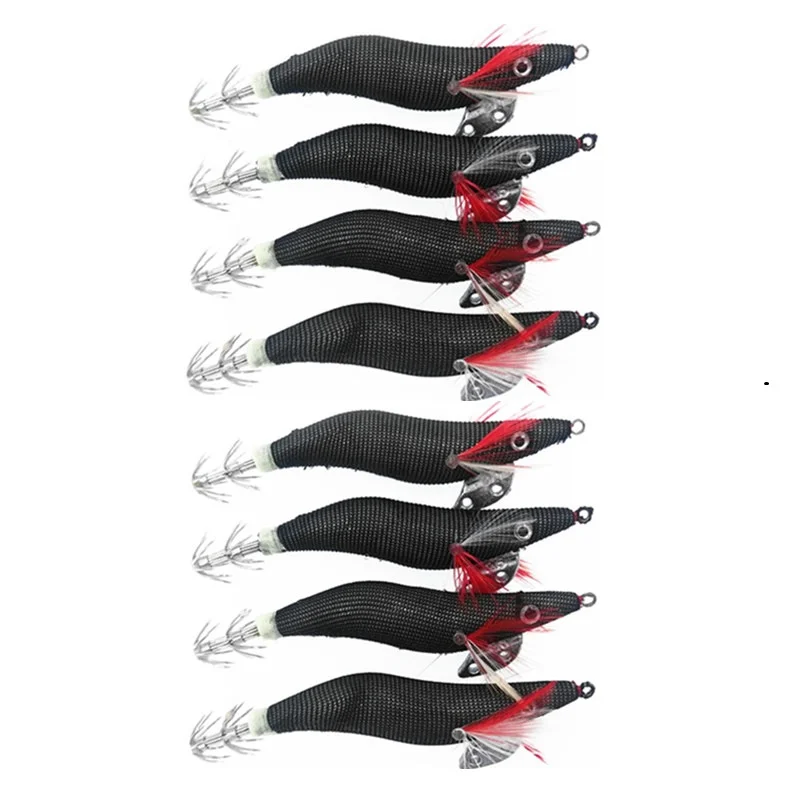 Anzuelo de plantilla de calamar, señuelo de pesca de Color oscuro, camarones de madera, aparejos de pesca de calamar luminosos, cebo de sepia de mar, 8 piezas, 11g, 21g - imagen 2