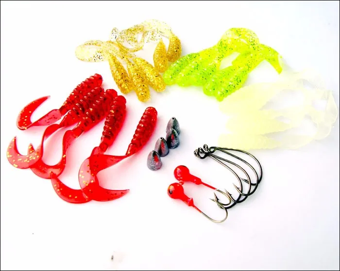 Kit de Señuelos de Pesca, cebo de gusano suave, cabeza de anzuelo, anzuelo de gusano, plomo de peso, larva de cola única, traje de 31 piezas para aparejo Texas - imagen 3