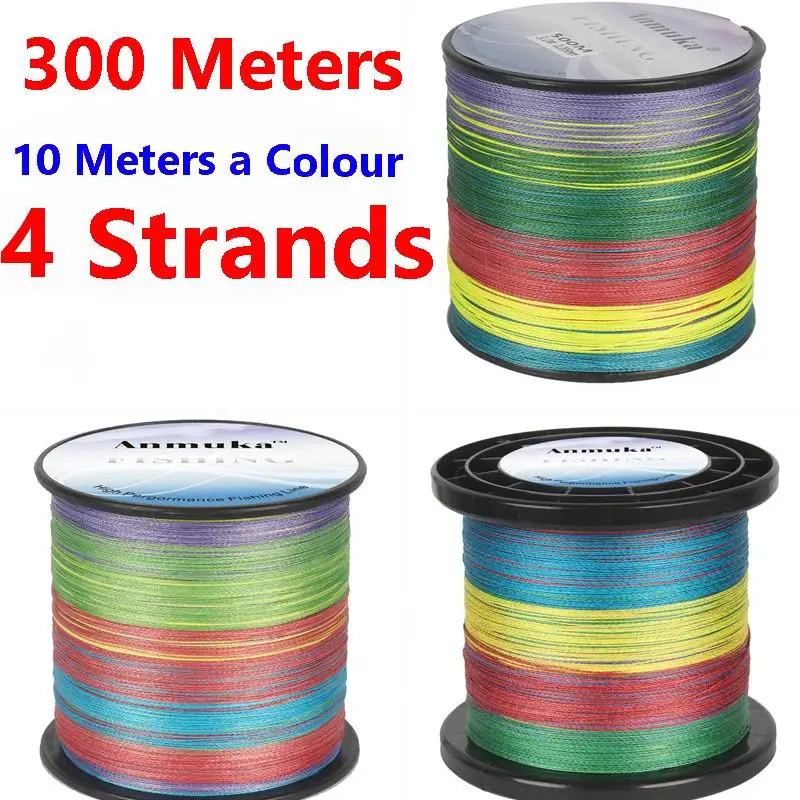 Línea de pesca de 4 hebras, hilo de PE trenzado, 300 metros de largo, 10 metros de color, profundidad del agua, 4 hebras