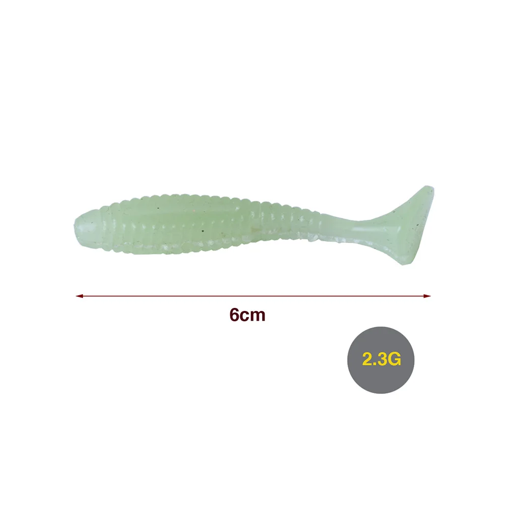 Señuelo de pesca suave luminoso de 6 piezas, anzuelos que brillan en la oscuridad, cola en T, cabeza de plantilla, señuelo suave para pesca de lubina, carpa y Lucio - imagen 2