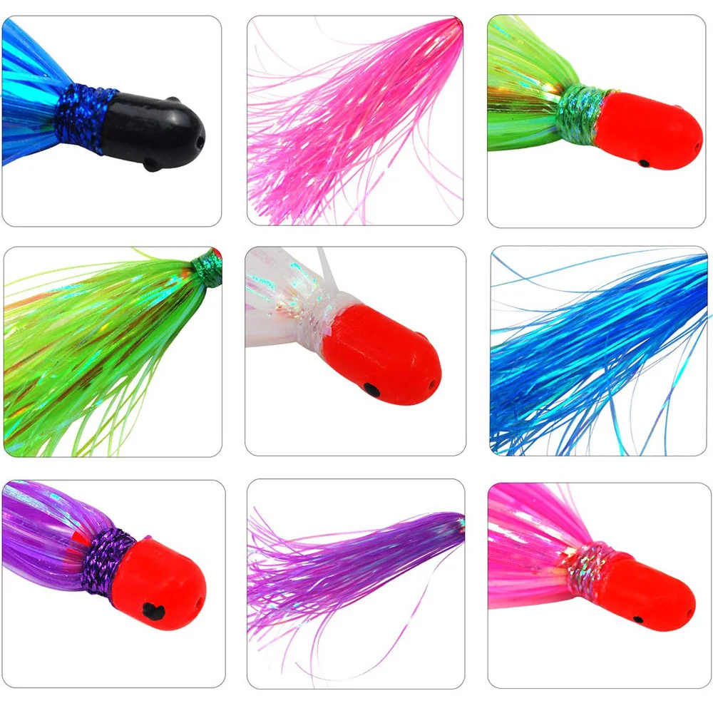 Shaddock señuelo de pesca con cabeza de bala, cola de Mylar Flash Teaser, cebo de falda intermitente, accesorios de pesca, 10 unids/lote por bolsa - imagen 3