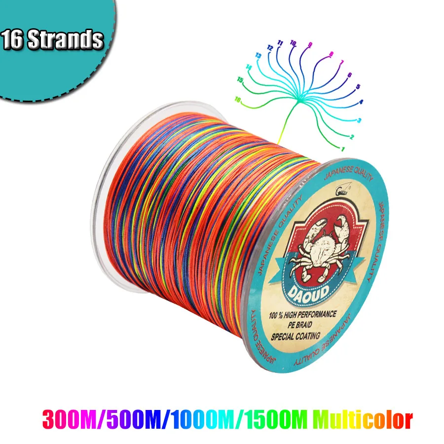Línea de pesca trenzada de 300M/500M/1000M/1500M, 16 hebras, trenza de PE Multicolor, superpotencia, línea multifilamento japonesa para pesca de basura